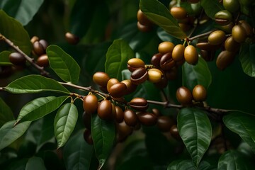  A highly detailed and natural depiction of a Coffea arabica plant, with impeccable lighting that accentuates the fine textures and features of its leaves, stems, and ripe coffee fruits