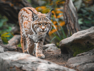 Obraz premium Bobcat exploring surroundings in wild nature.