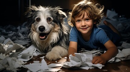 Playful Child and Dog Making a Mess with Paper in Room