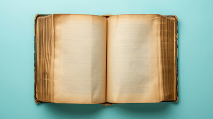 Open book, blank page, top down view, flat background