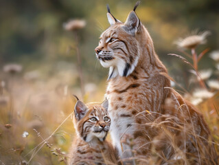 Fototapeta premium A tender moment between a bobcat mother and her cub in the wild.