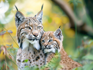 Fototapeta premium A tender moment between a bobcat mother and her cub in the wild.