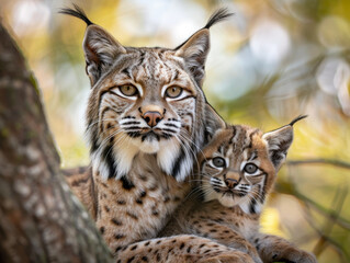 A tender moment between a bobcat mother and her cub in the wild.