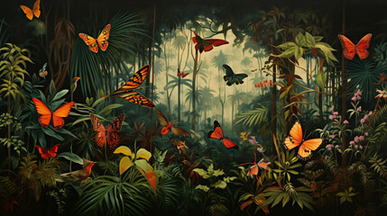 Fototapeta na wymiar A painting of a jungle with birds and butterflies.