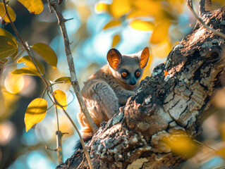 Obraz premium A curious bushbaby with large, innocent eyes peering from a tree.