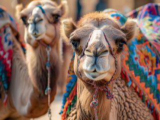 Two Bactrian camels walk together in a vast desert.