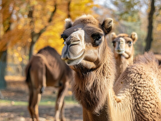 Obraz premium Wild camels standing freely between trees.