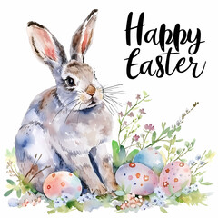 Easter rabbit with text "Happy Easter". Watercolor Easter card design.