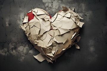 Heart made of crumpled paper on grunge background. Love concept