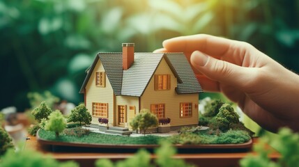 Miniature house with real estate agent hand. New model of modern house for business developer concept background.