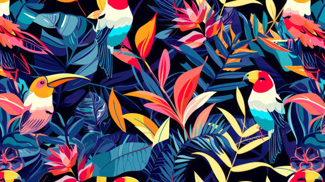 Seamless pattern background influenced by the forms and vibrant colors of tropical rainforests with colorful birds and flowers