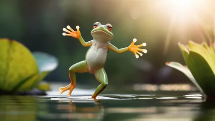 Foto op Canvas Cute frog on water lily leaf in swamp © triocean