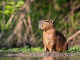 Capybara looking into the distance on a riverbank.