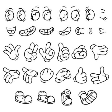 A set of retro hand foot facial expressions. Vintage cartoon characters, gloved hands. Cute body parts . A set of vector hand gestures from comics. Various movements and positions of the legs. contour