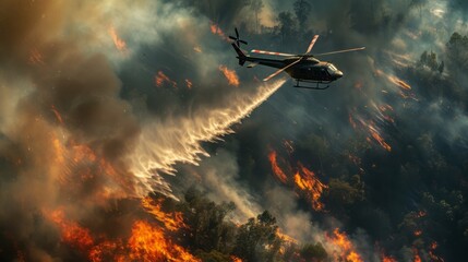 Naklejka premium Helicopter Fire Rescue in the Forest Sky, Military Aircraft Soaring Amidst Sunset Clouds, Speeding through the Air on a Mission to Combat Wildfires,smoke in the air , Nature is destroyed.