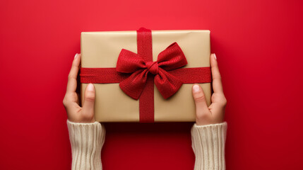 Top down view of a woman hands holding a gift box against red background