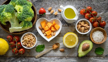 Healthy food for low cholesterol on wooden table top view - obrazy, fototapety, plakaty