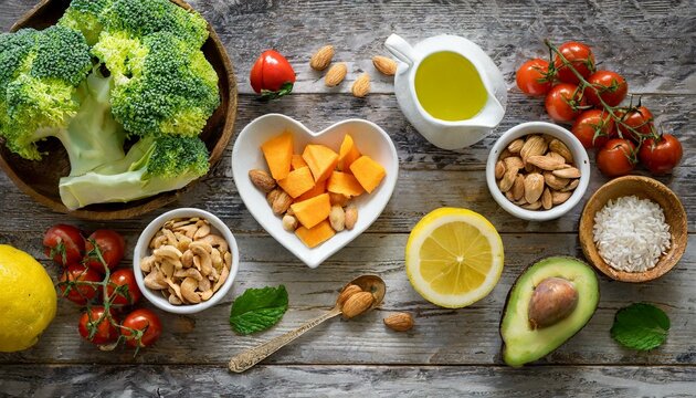 Healthy food for low cholesterol on wooden table top view