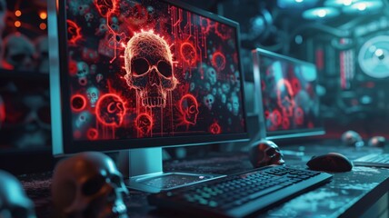 A computer infected with a virus, displaying a warning message on the screen, with a chaotic background of code and skull icons, focusing on the impact of computer viruses and malware.