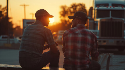 Two truckers sitting on a bench talking in a blurry background - obrazy, fototapety, plakaty