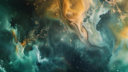 A mesmerizing abstract fluid art piece, evoking a celestial scene with swirling teal and gold hues sprinkled with star-like flecks.