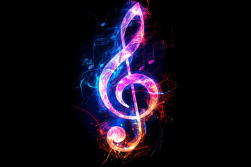 Vertical illustration of a glowing music G clef with colorful colors on black background