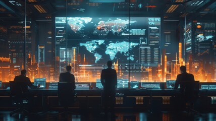 Futuristic AI analysts predicting stock market trends, surrounded by holographic displays of financial data and economic indicators in a high-tech operations room