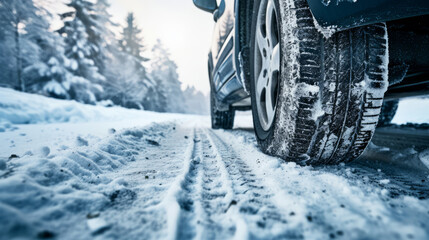 Winter tire with detail of car tires in winter snowy season on the road covered with snow