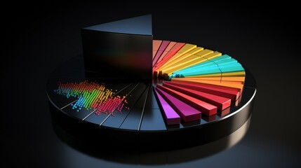 Vibrant 3d pie chart with colorful rainbow bars on black background - business data visualization concept
