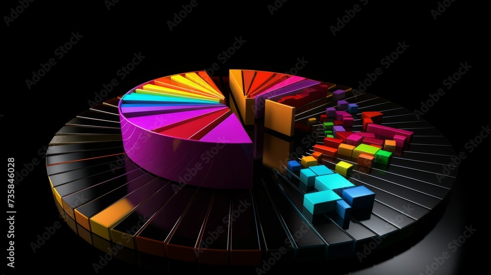 Poster vibrant 3d pie chart with colorful rainbow bars on black background - business data visualization co