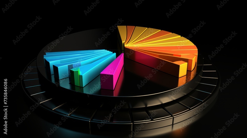 Poster vibrant 3d pie chart with colorful rainbow bars on black background - business data visualization co