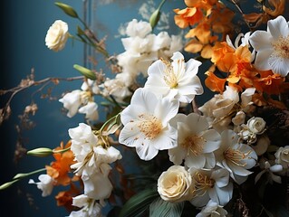 Bunch of white and yellow flowers next to a green wall