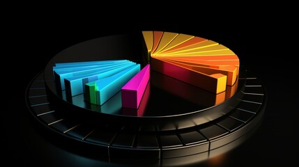 Vibrant 3d pie chart with colorful rainbow bars on black background - business data visualization concept
