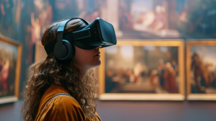 Young woman wearing a virtual reality headset using it to visualize a museum art gallery with paintings