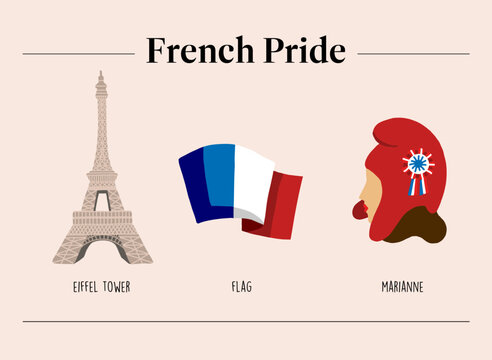 illustrations of French symbols, Eiffel Tower, flag and lady Marianne