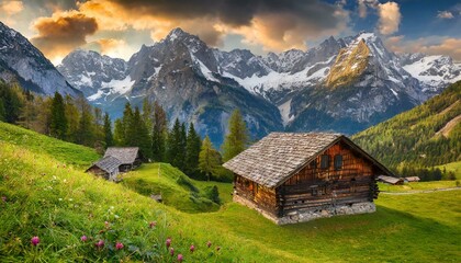 Fototapeta na wymiar Idyllic Alpine landscape with traditional mountain lodge