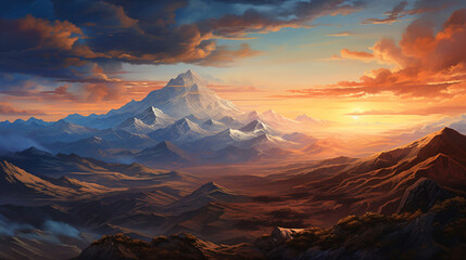 Fototapeta na wymiar A painting of a mountain range with a sunset.