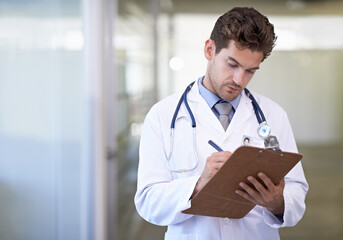 Writing, clipboard and doctor in hospital for medical research information for diagnosis or...