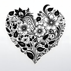 Heart filled with floral outline patterns, black and white design.