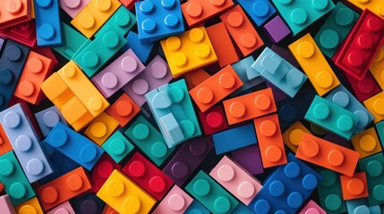 Pile of child's building blocks in multiple colors - obrazy, fototapety, plakaty
