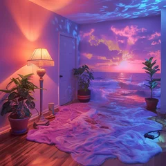 Tuinposter In a room a lamp illuminates tapes of vaporwave landscapes electrons mapping the space of time © ItziesDesign