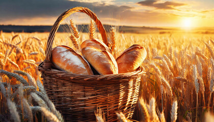 Close-up of a wicker basket full of loaves of bread in a wheat field at sunset or sunrise. Generative Ai.