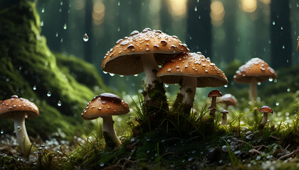 Fototapeta premium Pilze im Regen voller Tau und Tropfen im Wald, Nahaufnahme der frischen üppigen Natur im Sommer und Herbst, Pflanzen wild wachsend zum sammeln, Nahrung für Tiere Vorlage Hintergründe Umwelt nachhaltig