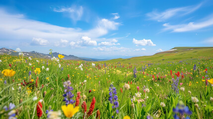 Vibrant Wildflower Meadow in Full Bloom: A Wide-Angle View of Nature's Colorful Tapestry - Seasonal Wildflowers Landscape Photography - obrazy, fototapety, plakaty