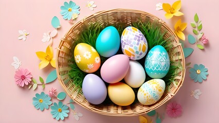 Easter eggs in a basket isolated on pink