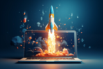 Rocket coming out of laptop screen. startup and technology concept