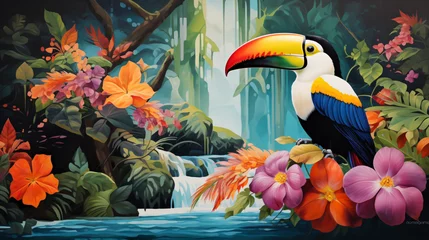 Papier Peint photo Toucan A painting of a toucan sitting on a branch.
