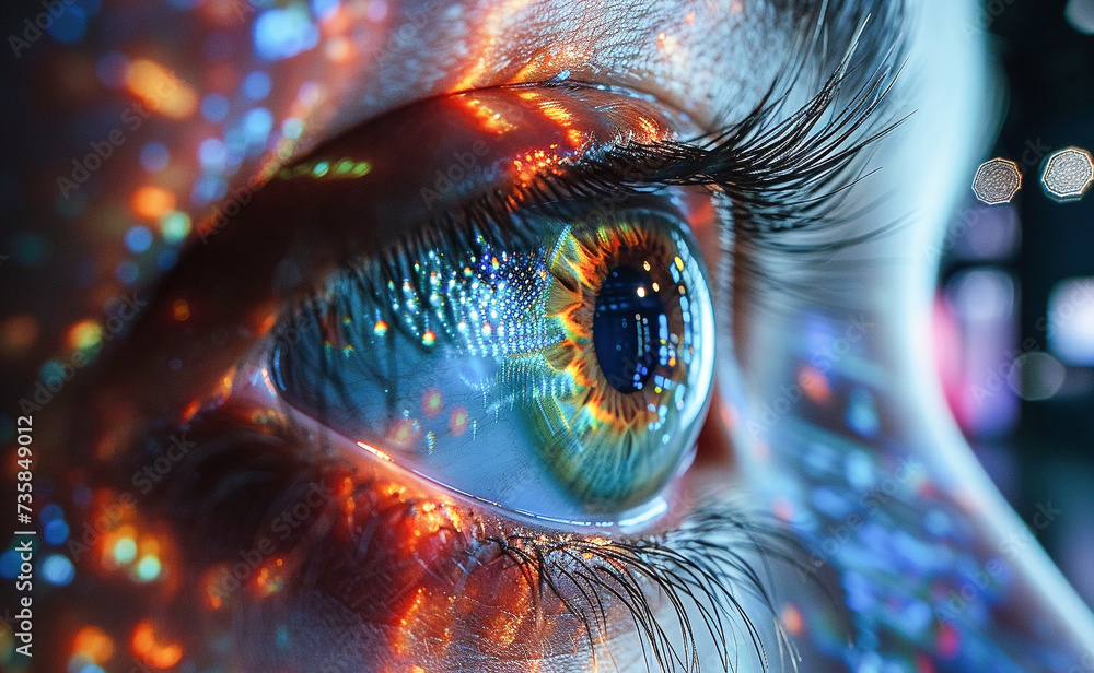 Aufkleber close-up of a womans eye reflecting abstract digital data patterns