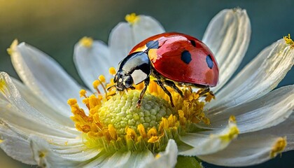 Ladybug on white flower with bright yellow stamens