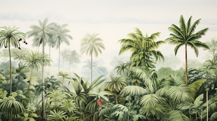 A painting of a tropical forest with palm trees.